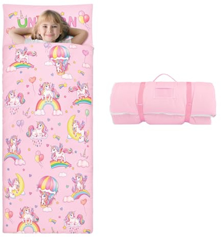 decalsweet Sacco a Pelo Bambino con Rimovibile Cuscino, Nap Mat per Bambini Pieghevole per Ragazze Ragazzi, Nap Mats con Doppia Cerniera per Campeggio, Scuola Materna e Asilo, 150×60cm Unicorno