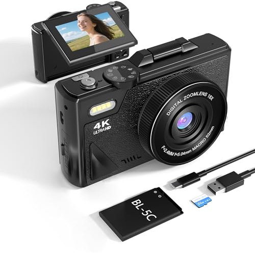 64MP Compact Digital Camera for Photography: 4K Vlogging Camera for Youtube with 180° Flip Screen 32GB TF Card 18X Zoom Video Camera Fit Beginner Teenagers Travel -Black