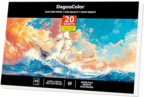 Dagoucolor Papel Para Acuarela, A3, 1 Pack, 20 hojas Papel sin ácido 300gsm, Papel Acuarela Cuaderno, Bloc Acuarela Para y Adultos Profesional Pintar, Dibujar y Bocetos
