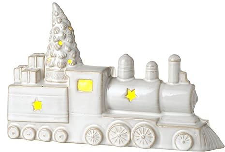 Heaven Sends White Porcelain Train Tea Light Holder – Ceramic Christmas Candle Lantern with LED Lights, Festive Tree & Gift Carriages – Winter Mantel or Table Decoration