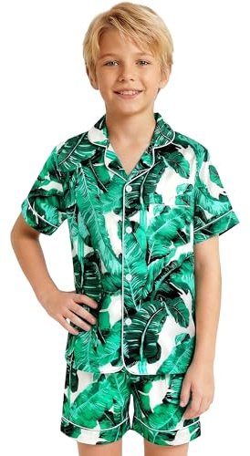 JinBei Pijamas Niño de Manga Corta Satén Verano Cómodo, 11-12 Años, Verde