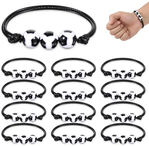 12 pulseras acrílicas ajustables con temática de fútbol, cuerda trenzada con colgante de balón, para niños y adultos, ideales para fiestas de equipo y cumpleaños, en blanco y negro.