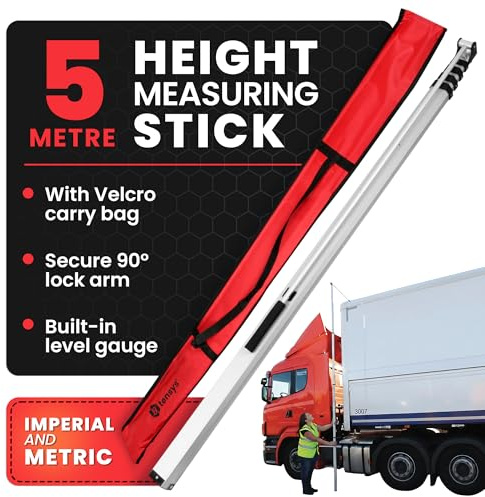 TENSYS Telescopic Height Measuring Stick - Folding 5m Steel Pole for Lorry, Truck, Trailer, Caravan, Built-In Level Gauge w/Carry Bag, Foldable Sizing Device Metal Rule, Metric & Imperial Measurement