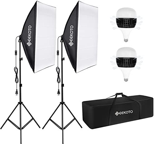 GEEKOTO Softbox Set Fotostudio 50 x 70cm, Dauerlicht Studioleuchte Set mit 2 Softboxlampen E27 85W 5500K, 2m Vollverstellbare Lichtstative für Studio-Porträts, Produktfotografie, Modefotos, usw.