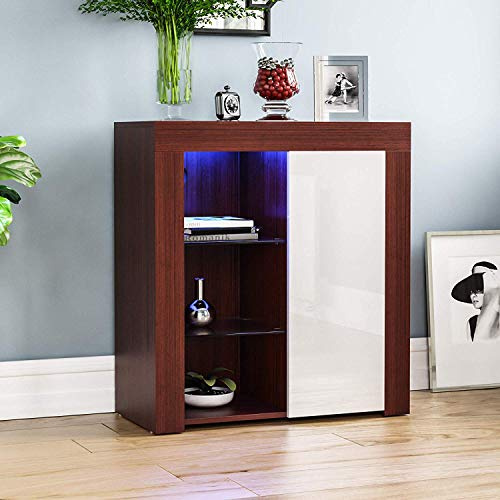 Vida Designs Azura Credenza moderna a LED a 1 anta, luci RGB (opzioni dissolvenza/strobo incluse), stile legno opaco con caratteristiche lucide, noce e bianco, normale