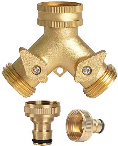 2 Way Brass Tap Connector, Garden Hose Splitter 2 Way Y Valve Brass Hose Connector Garden Tap with 2Pcs 3/4 Hose Pipe Splitter