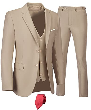 Furuyal Herrenanzüge, 3-teilig, schmale Passform, zwei Knöpfe, Hochzeit, Business, Smoking, einfarbig, Blazer, Jacke, Weste, Hose mit Krawatte, Champagner, XX-Large