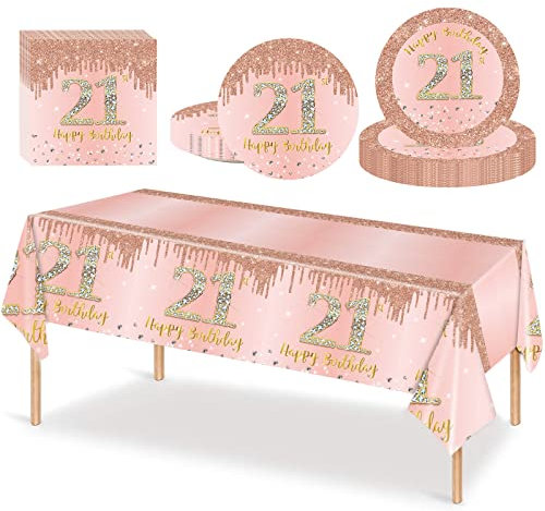 53Pcs Rose Gold Happy 21st Birthday Party Tableware Plastic Table Cloth,7,9inch Paper Plates,Napkins for Her Birthday Table Decorations Disposable Party Tableware Set for Girls Women Birthday Party