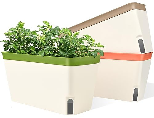 Fuyuleyo Self Watering Plant Pots 27CM, Set of 3 Rectangular Windowsill Herb Planter Box with Visual Water Level Window, Modern Plastic Herb Flower Pots for Indoor Outdoor Garden Balcony Planters
