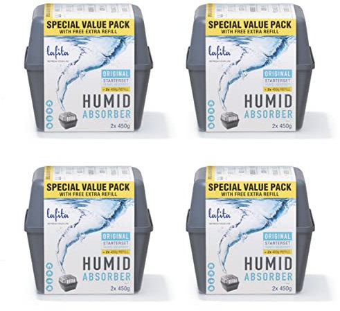 Lafita Absorbeur d'humidité - Lot de 4 - 450 grammes - Contient 8 recharges - Bac solide - Fabriqué en NL