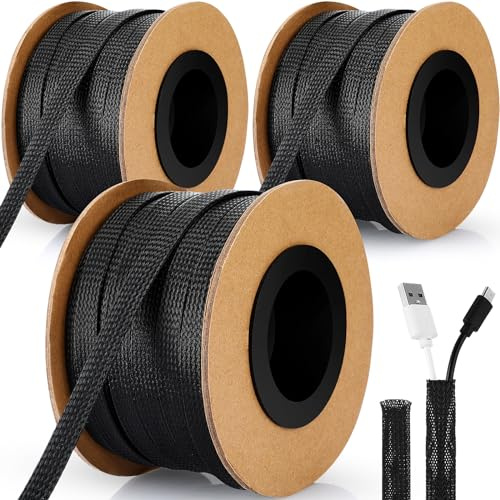 Pangda 300 Feet 1/4, 1/2, 3/8 Inches Wire Loom PET Expandable Braided Sleeving Braided Sleeve for TV, Computer, Home Theater(Black)