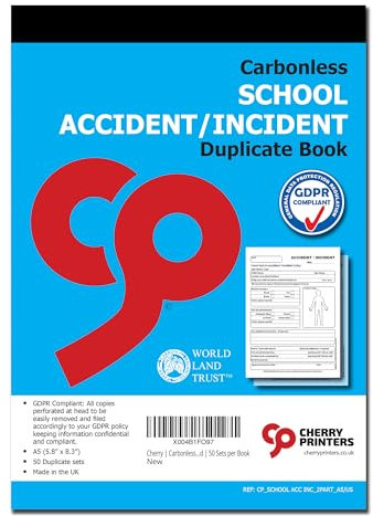 Cherry | Carbonless NCR | School Accident/Incident Book for Pupils | Duplicate | A5 (148 x 210 millimetres) Loose Leaf Writing Shield Included | 50 Sets per Book