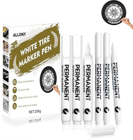 Allony Pennarelli per Pneumatici per Auto, Pennarello Ritocco Auto, Pennarello Bianco Gomme Auto, Adatto per Pneumatici Auto o Graffiti su Pietra, Legno, Gomma, ECC, Bianco, 6 Pezzi