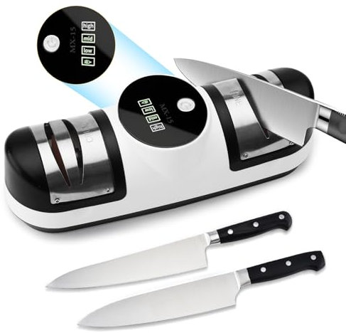 HENGBIRD Elektrischer Messerschärfer, 5-in-1 Messerschärfer mit 3-Geschwindigkeiten Einstellung, Wiederaufladbarer Diamantmesserscharfer mit Bildschirmanzeige für Raue und Feine Messerschärfer (EG1)