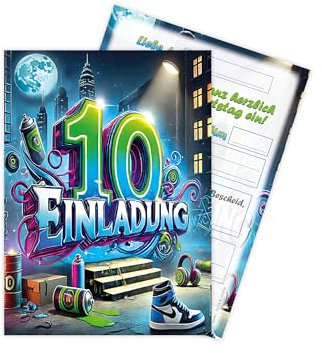Limonia 12 Einladungskarten zum 10. Kindergeburtstag Graffiti Street Art Motto Feier Fest Einladung Set Geburtstag Mädchen Kinder Jungs Jungen Boys Teenies Unisex