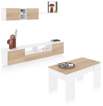 duehome | Pack de Salon con Modulo TV + Mesa de Centro Elevable, Conjunto de Salon, Modelo Kenzo Plus V2, Acabado en Blanco Artik, y Roble Canadian
