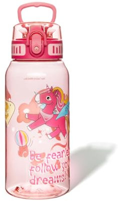 UZSPACE Botella de Agua para Niños 600ml, A Prueba de Fugas, Apertura de un Clic, Botella Agua Bebé Sin BPA Duradera, Cantimplora Infantil con Asa para Colegio, Niños y Niñas (Unicornio Rosa)