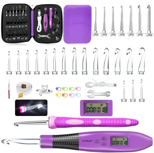 Juego de agujas ergonómicas de ganchillo 24 en 1 con luz LED y contador, cabezales intercambiables de metal y plástico 2-14 mm, agujas de hilo, marcadores y regla