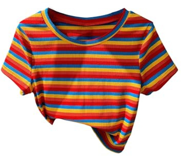 WDIRARA Women's Colorful Striped Short Sleeve Tee Shirt Y2k Crewneck Ribbed Knit Crop Tops Orange Medium