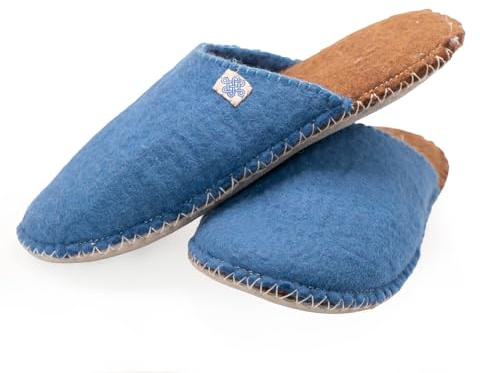 Tibetan Socks Handmade Felted Wool Cushioned Slippers With Suede Soles, Blue S