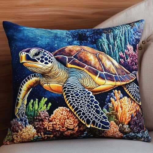 ASONGLINGO Kit de Almohada con Gancho, Tortuga marina en el fondo del mar Funda de Almohada Preimpresa, Hilos de Ganchillo, Cojín de Gancho,Kit Cojin Gancho de Pestillo 43x43cm