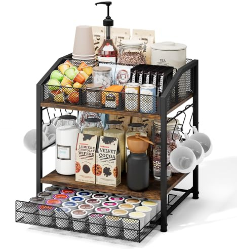 Homsorout Coffee Bar Organizer - Countertop Coffee Station, 42 K Cup holder Storage Basket with Drawer and Hooks for Syrup, Cups, Stirrer, Condiment, Tea Organizer, Black and Brown