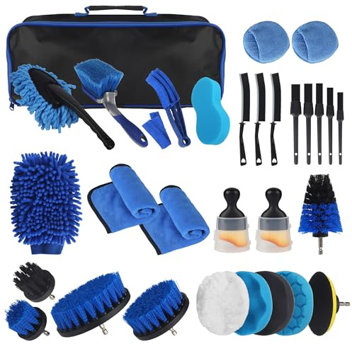 31 pezzi Kit Pulizia Auto, Kit Pulizia Auto Interni, include spazzola, spugna lucidante, custodia per il trasporto, adatto per prese d'aria, cruscotto, motore, ruote e superfici domestiche