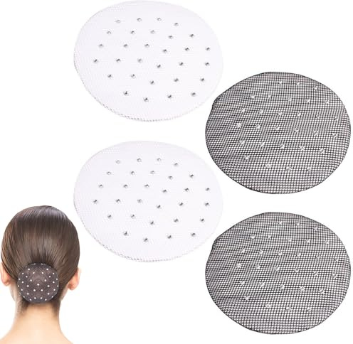 Aililong Moño de redecilla 4 Piezas - 2 Negro + 2 Blanco con pedrería, elástico, para niños y Adultos, Ideal para Ballet/Trabajo/actuaciones, redecilla Invisible para el Cabello