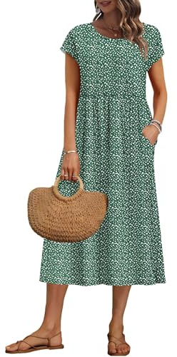 AUSELILY Robe Femme d'été Droite Midi à Manches Courtes Robes avec Poches | Robe Ample Trapèze, Décontractée, Style Empire,sous le Genoux