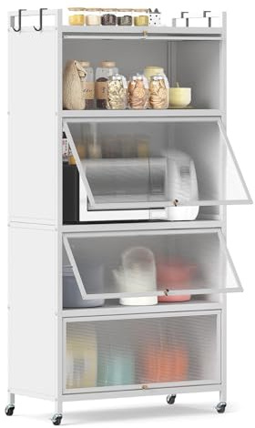 COSTWAY Armadio da Cucina a 5 Ripiani, Mobile Dispensa Cucina con Ruote Girevoli, 4 Porte PC a Ribalta e 4 Ganci, Mensola Microonde in Metallo per Soggiorno, Cucina, Sala da Pranzo (Bianco)