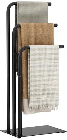 OUTBROS 3 Tier Towel Rack, Towel Rail Free Standing, 39x26x90cm, Black | Metal Stainless Steel Towel Holder for Bathroom with Metal Base Plate, L Shape Drying Stand for Towels