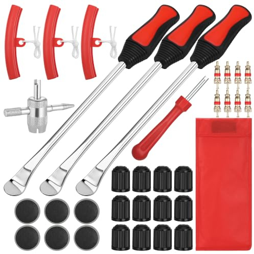 Zocipro 35Pcs Kit de Palancas para Neumáticos – 3 Desmontadores con 6 Parches de Reparación, Protectores de Llanta y Accesorios, para Moto, Bicicleta y Coche