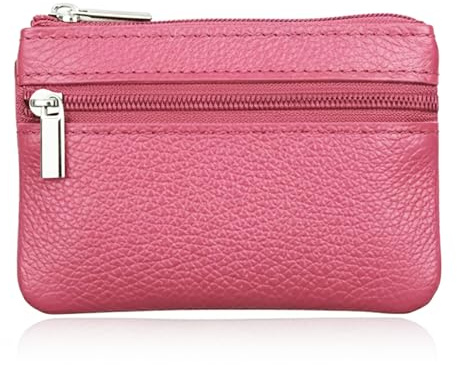 Hibate Mini Coin Purse Holder Wallet Leather Purses for Women Men Kids Minimalist Zip Pouch with Key Ring - Pink