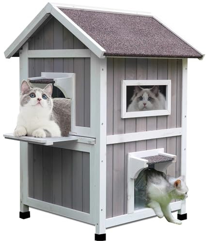 Rockever Outdoor Cat House, Large Outdoor Houses for Feral Cats Wooden Outside Cat Shelter Weatherproof with Escape Door