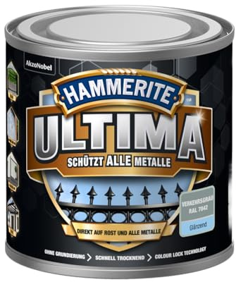 Hammerite Ultima Glänzend, Metallschutzlack, Hochwertiger Schutzlack für alle Metalle im Außenbereich, Verkehrsgrau RAL 7042, 250 ml