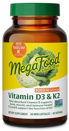 MegaFood Vitamin D3 5000 IU (125 mcg) - Vegetarian Supplements with Vitamin D3 K2 - Supports Bones, Teeth, Muscles & Immune Health - Certified Non-GMO - 60 Mini Capsules, 60 Servings