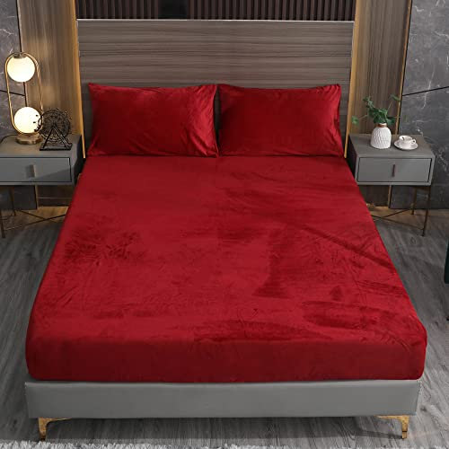 Damier Winter Spannbettlaken 90x200cm Rot Weinrot Flanell Plüsch Spannbetttuch Flauschig und Warmes Bettlaken geeignet für Matratzen bis 30cm