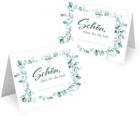 Tischkarten Hochzeit Geburtstag DIN A7 - Design Platzkarten zum Beschriften in vielen verschiedenen Designs (50x Stück, Eukalyptus Kranz)