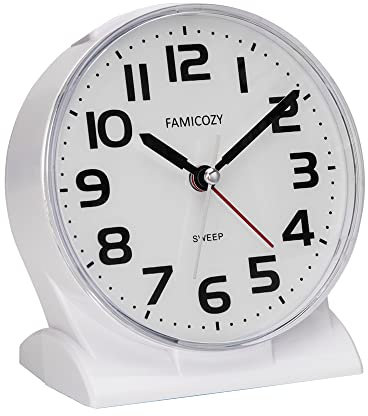 FAMICOZY Silent No Ticking Analog Alarm Clock,Readable for Seniors Vision Impaired,Easy to Set,Gradual Rise Alarm,Snooze,Gentle Wake,Soft backlight,Battery Operarted,White