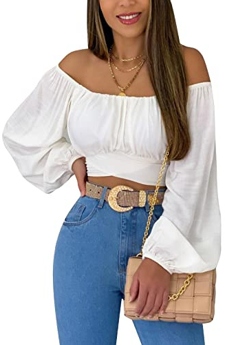 FeMereina Women's Off Shoulder Ruched Tie Back Lantern Sleeve Crop Top Summer Solid Color Tie KnotRib Blouse Ruffle ummer Shirt (White, Small)