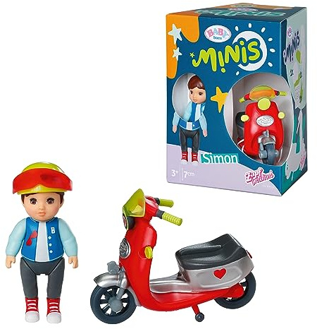 BABY born Minis Playset Simon con monopattino 906118 - Bambola di 7 cm con accessori e corpo mobile per un gioco realistico - Adatto a bambini dai 3 anni in su