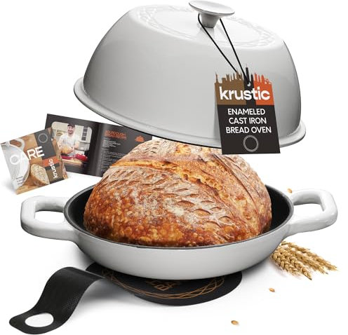 Krustic Enameled Cast Iron Dutch Oven for Sourdough Bread Baking | 6 Quart Pot with Lid | 10 Inch Ceramic Enamel Thick Coated Cookware Set with Non Stick Silicone Baking Mat for Cooking | 6 Qt | White