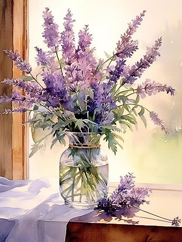 ECUCU Kit de Punto de Cruz, Hermosas flores de lavanda púrpura, D Cuadro Set Kits Bordado Punto de Cruz Kit Completo Hilo y Tela Impreso Contado Patrones a Mano Hacer faciles