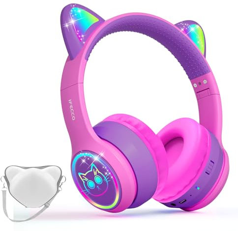 iFecco Cuffie Bluetooth Bambini con Microfono,Wireless con Borsa,Luci LED Cat Ear Cuffie per iPad/Tablet/Smartphone/Scuola