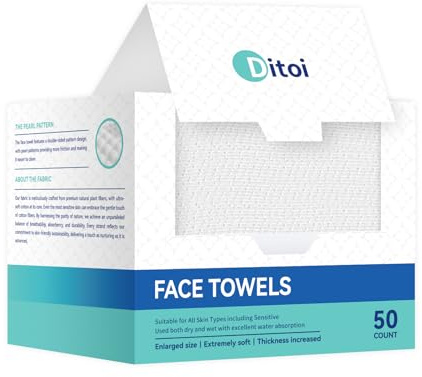 Ditoi Disposable Face Towels XL, Soft Cotton Facial Cleansing Cloths, Dry Face Towelettes for Makeup Removal, Sensitive Skin & Daily Skin Care, 50 Count, 10×12