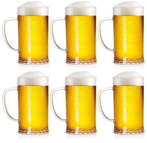 ZEAYEA Set of 6 Plastic Beer Mug, 16 oz / 470 ml Acrylic Drinking Cups with Handle, Clear Reusable Beer Stein Glasses for Party Bar Home Hotel Whiskey Juice Cocktail Beverages