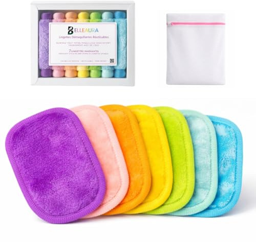 Belleaura - Lingettes Démaquillantes Lavables Réutilisables - 7 Pads Couleur Rainbow + Sac à Linge Offert - Nettoyage Exfoliant Visage Sans Produit, Démaquillage à l'Eau