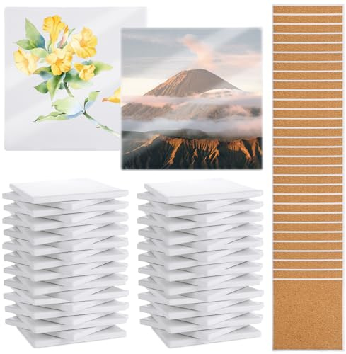 AKOLAFE 30 Sets Sublimation Coasters Blanks with Cork Back Ceramic Tile 4x4 Tiles Ceramic Tiles for Crafts Glossy Glazed Tile Coasters Blanks for Sublimation Thermal Transfer Painting