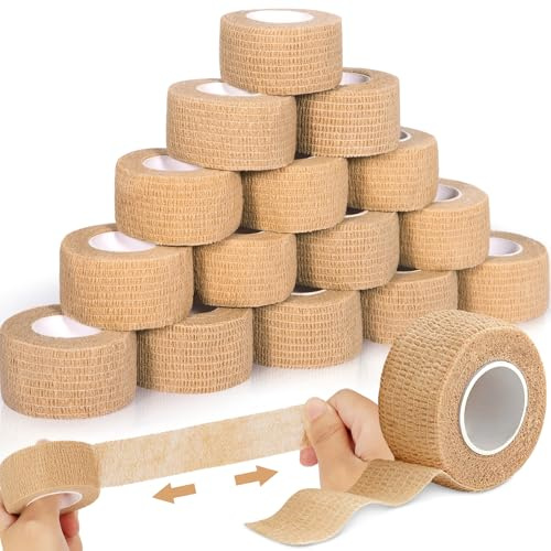 SaiXuan 16 Rollos de Venda Elástica Autoadhesiva, Alta Elasticidad, Transpirable y Suave, Lesiones Deportivas, Primeros Auxilios, Cuidado de Mascotas, Fijación Antideslizante, 2.5 cm x 4.5 m (Piel)