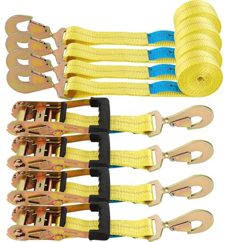 DAJAVE Lot de 4 sangles d'arrimage de 50 mm x 3 m pour transport automobile, sangles d'arrimage pour transport automobile de 3 m, 5000 daN, sangles d'arrimage avec cliquet et crochet pour la